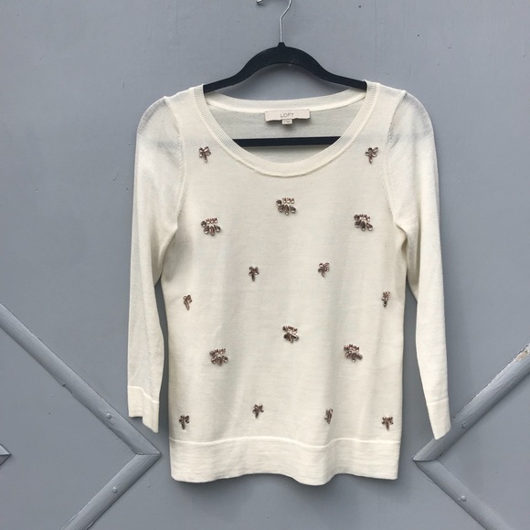 LOFT Sweaters - LOFT cream beaded front light knit sweater small